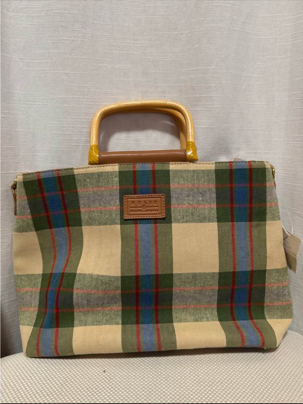 Plaid Canvas Relic Purse with Wood Handles